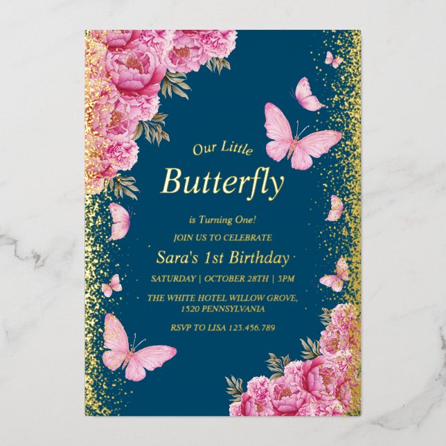 Gold First 1st Birthday Pink Butterflies  Blue Foil Invitation (Front)