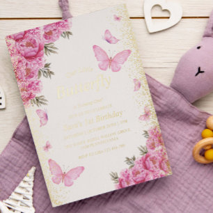 Gold First 1st Birthday Pink Butterflies Foil Invitation