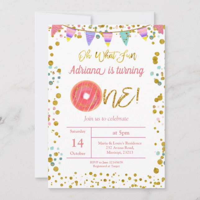 Gold First Birthday Party Donut Theme Invitation (Front)