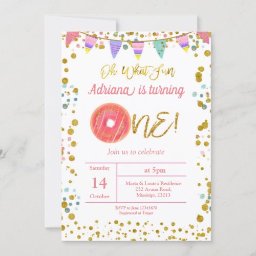 Gold First Birthday Party Donut Theme Invitation