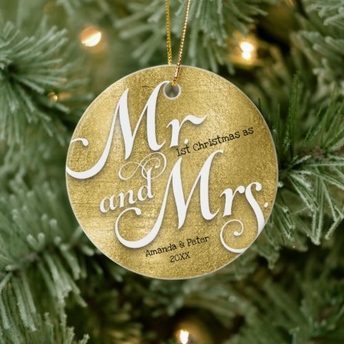 Gold First Christmas as mr and mrs newlywed photo Ceramic Ornament