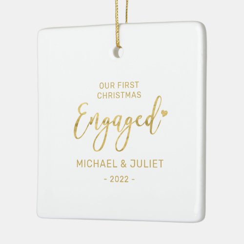 Gold First Christmas Engaged Couple Photo Ceramic Ornament
