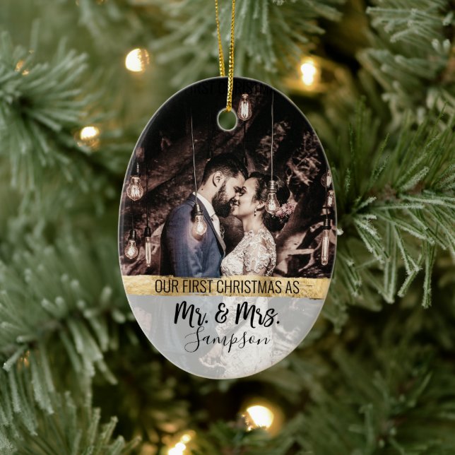 Gold First Christmas Married Couple Wedding Photo Ceramic Ornament (Tree)