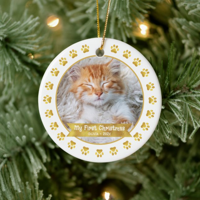 Gold First Christmas Pet Kitten Photo Paws Custom Ceramic Ornament (Tree)