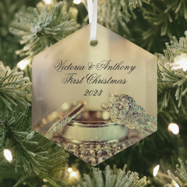 Gold First Christmas Together Date Rings Elegant Glass Ornament (Insitu)
