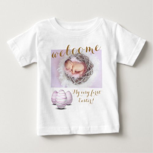 Gold First Easter Eggs Welcome Photo Baby Announce Baby T_Shirt