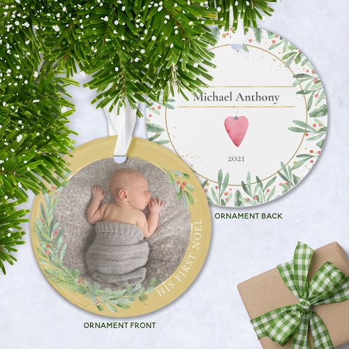 Gold First Noel Christmas Greenery Baby Photo  Ornament
