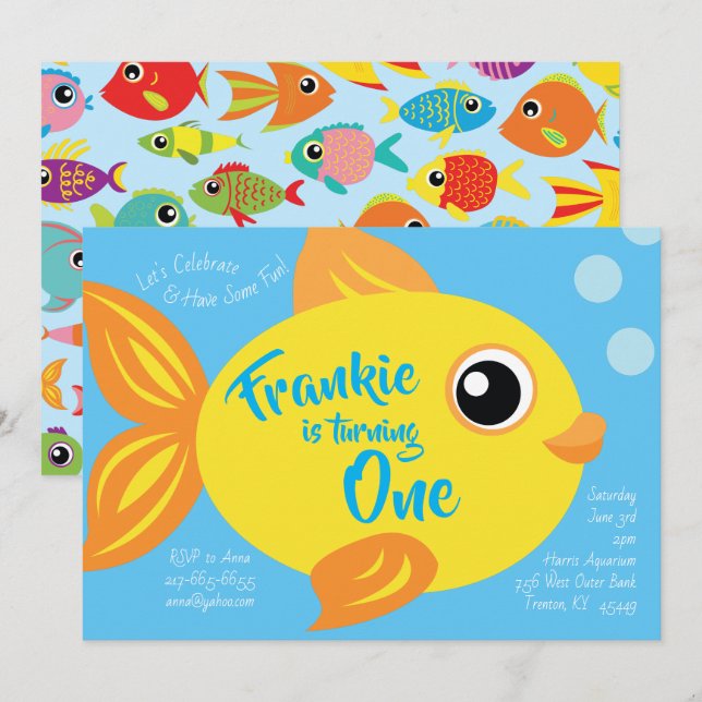 Gold Fish Aquarium 1st Birthday Cute Invitations (Front/Back)
