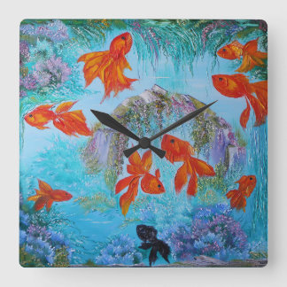 Gold fish art colorful feng shui poster square wall clock