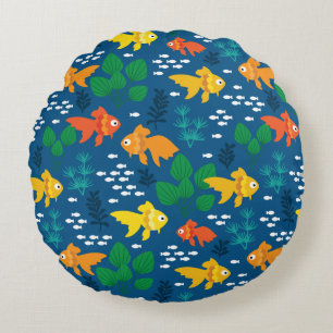 Gold Fish in Aquarium Round Pillow