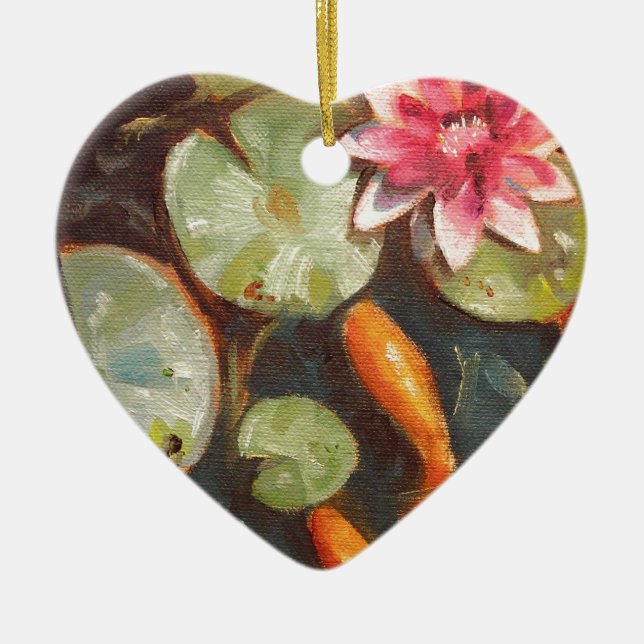 Gold Fish Koi Pond Water Lilies Ceramic Ornament (Front)