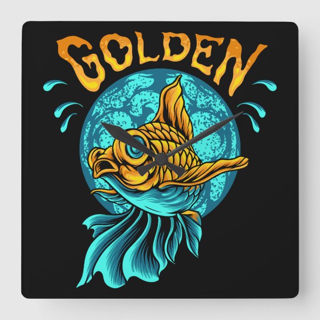 Gold Fish Square Wall Clock (Front)
