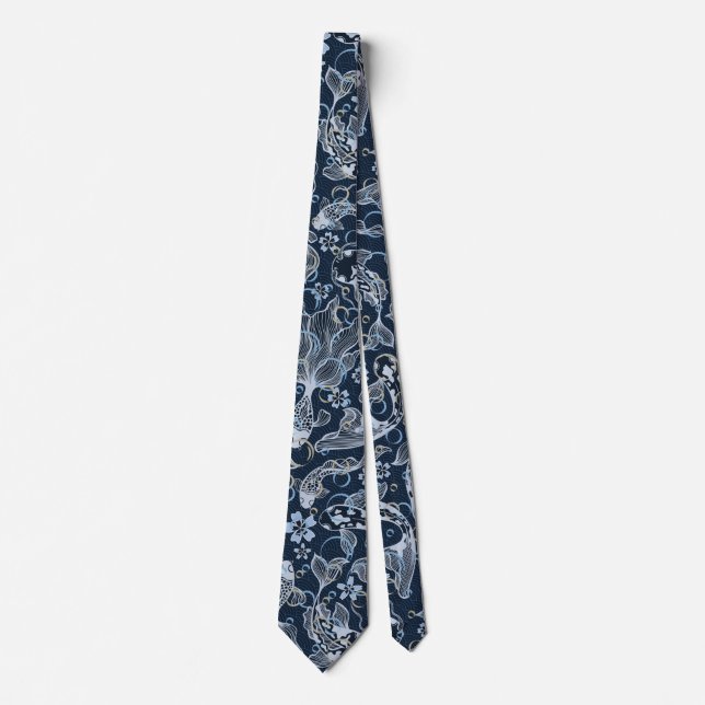 Gold fishes in bubbles pool pattern neck tie (Front)
