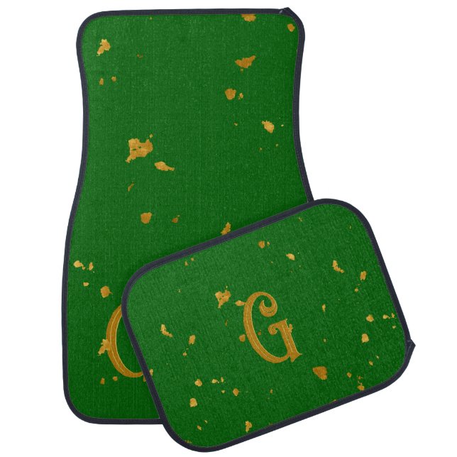 Gold Flakes and Monogram on Emerald Green Car Floor Mat (Set)