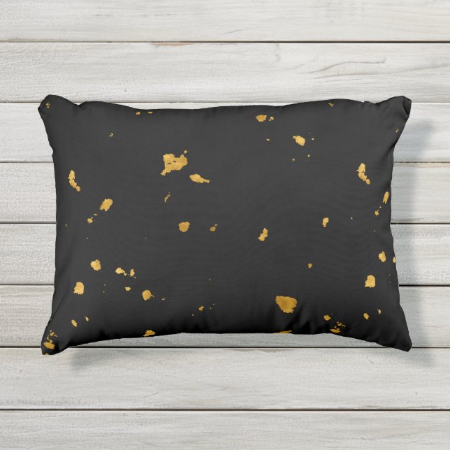 Gold Flakes Black Outdoor Pillow (Front)