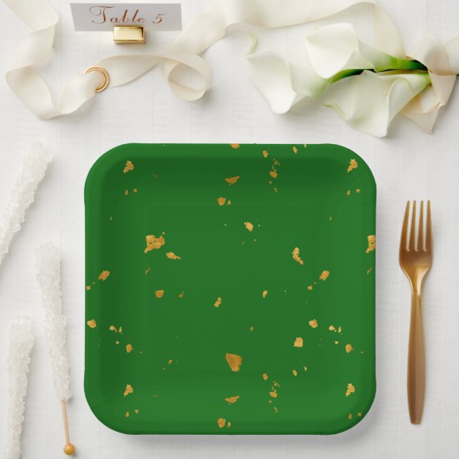 Gold Flakes on Emerald Green Paper Plates (Wedding)