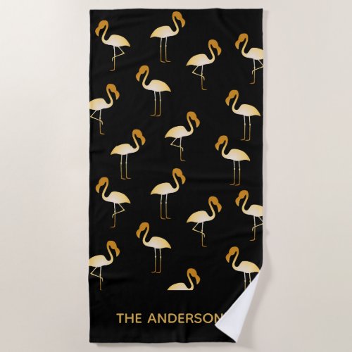 Gold flamingo pattern black beach family name beach towel