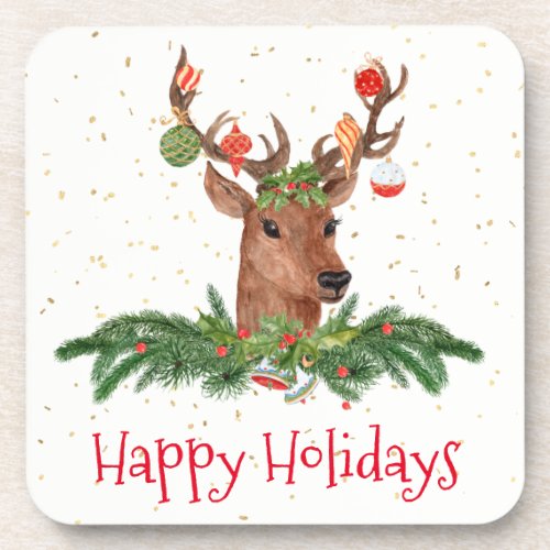 Gold Fleck Christmas Deer Happy Holidays Coaster