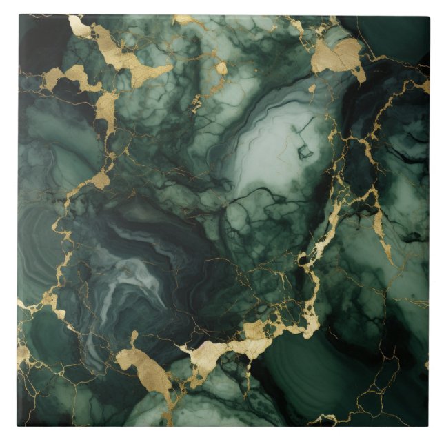Gold Flecked Emerald, Glazed Black Marble Ceramic Tile (Front)