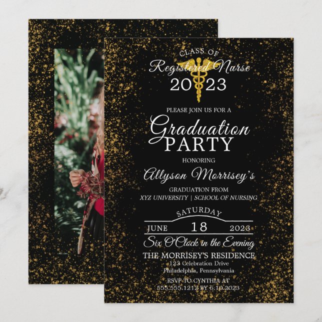 Gold Flecks Photo Nursing School | Med Graduation Invitation (Front/Back)