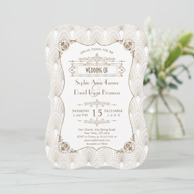 Gold Fleur-de-lis Art Deco Great Gatsby Wedding Invitation (Standing Front)