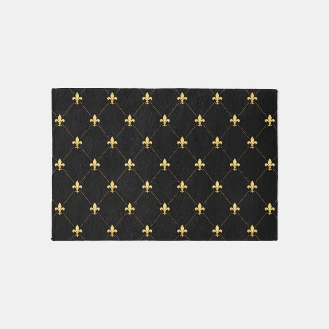 Gold Fleur-de-Lis Black 3x2 Outdoor Rug (Front)