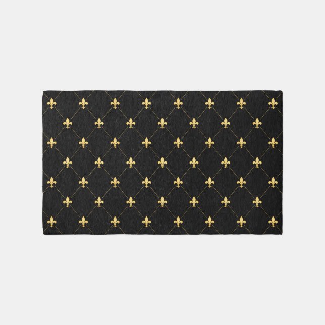 Gold Fleur-de-Lis Black 5x3 Outdoor Rug (Front)