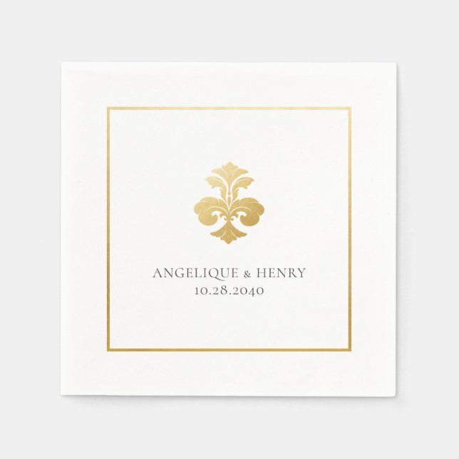 Gold Fleur de Lis Damask Personalized Wedding Napkins (Front)