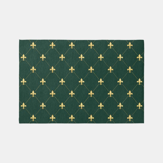 Gold Fleur-de-Lis Dark Green 6x4 Rug (Front)