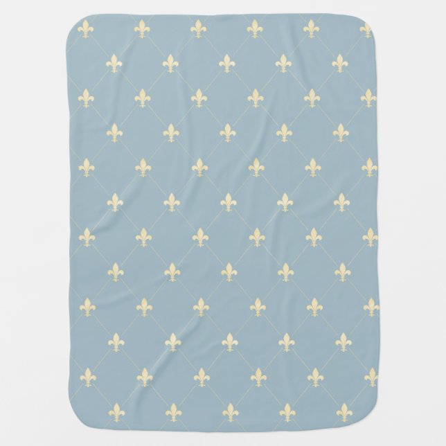Gold Fleur-de-Lis Dusky Blue Baby Blanket (Front)