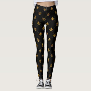 Gold Fleur De Lis Elegant Damask Pattern Black Leggings