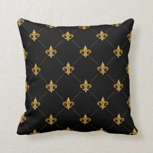 Gold Fleur De Lis Elegant Damask Pattern Black Throw Pillow