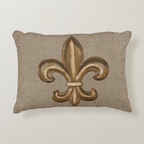 Gold Fleur de Lis Faux Burlap Decorative Pillow