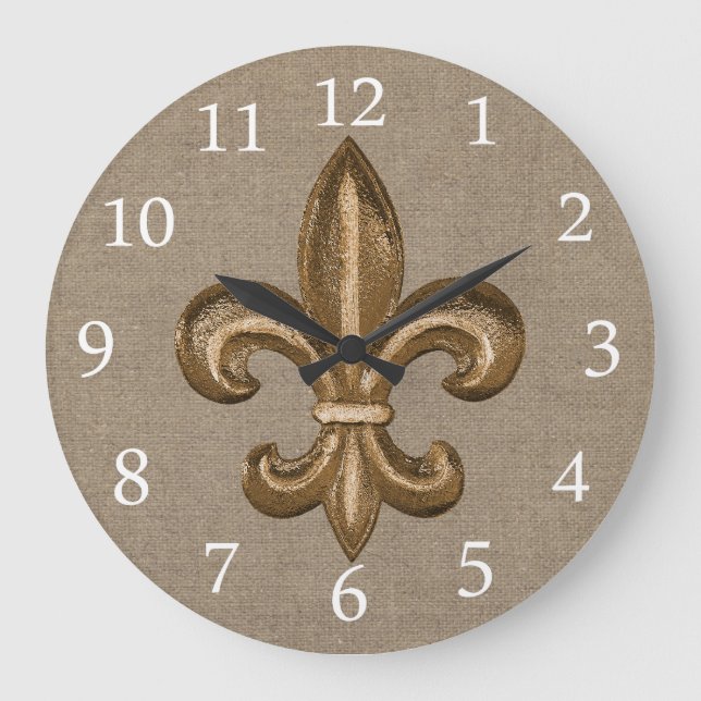 Gold Fleur de Lis Faux Burlap Large Clock (Front)