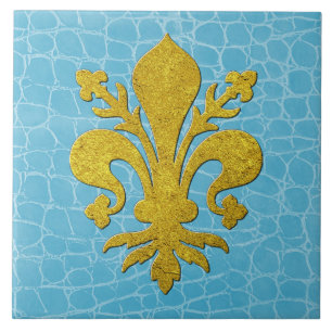 Gold Fleur-de-lis Faux Leather Background Ceramic Tile