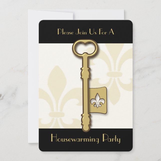 Gold Fleur de Lis Key House Warming Invitation (Front)