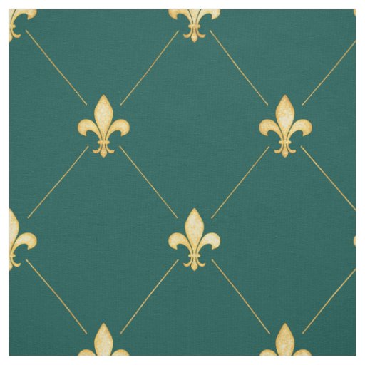 Gold Fleur-de-Lis (large scale) Teal Green Fabric