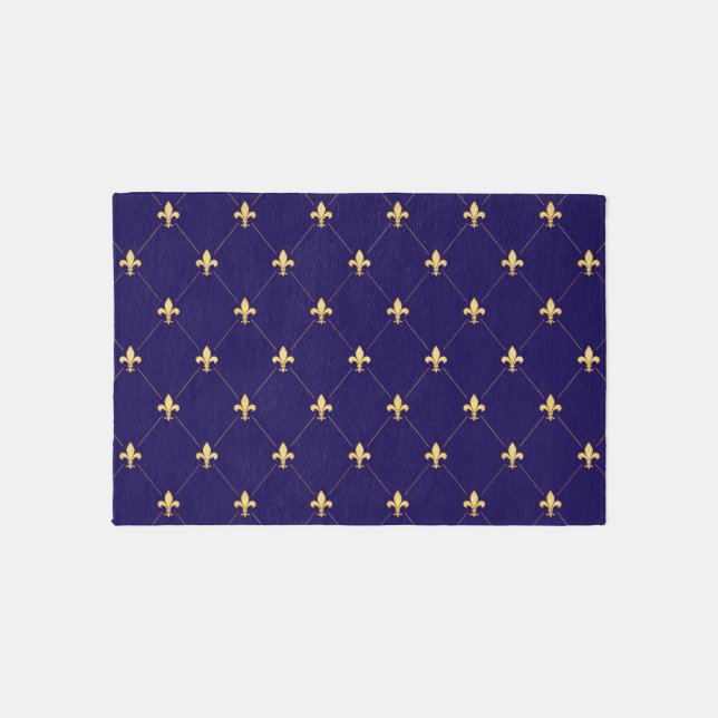 Gold Fleur-de-Lis Midnight Blue 3x2 Outdoor Rug (Front)