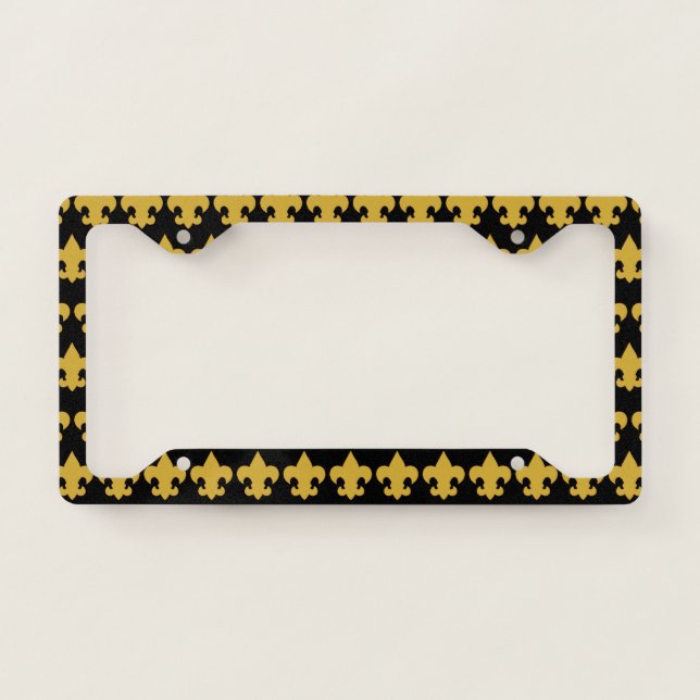 Gold Fleur De Lis on Black License Plate Frame (Front)