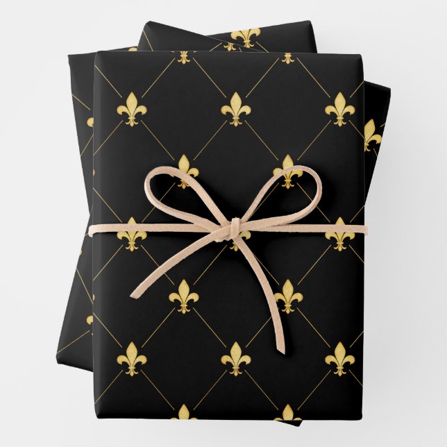 Gold Fleur-de-Lis on Black Wrapping Paper Sheets (In situ)