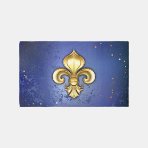 Gold Fleur de Lis on Blue Outdoor Rug