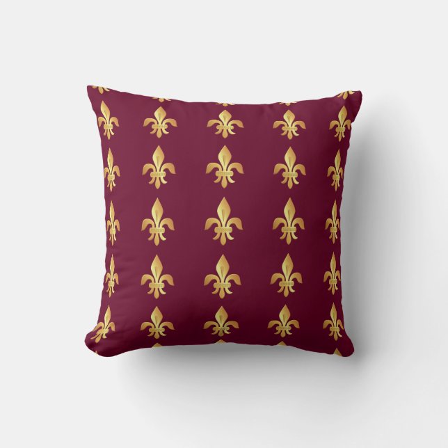 Gold Fleur-de-lis on burgundy Throw Pillow (Front)