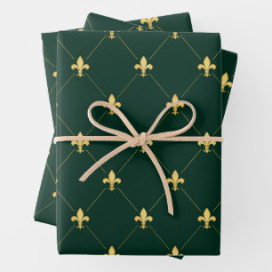 Gold Fleur-de-Lis on Dark Green Wrapping Paper Sheets