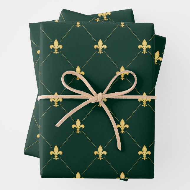 Gold Fleur-de-Lis on Dark Green Wrapping Paper Sheets (In situ)