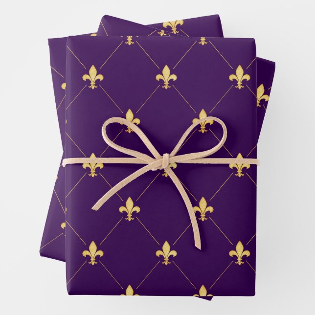 Gold Fleur-de-Lis on Dark Purple Wrapping Paper Sheets (In situ)