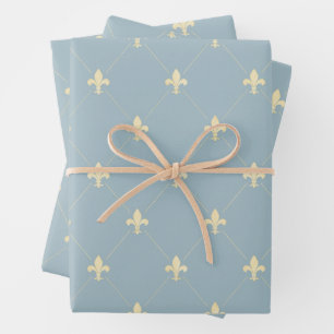 Gold Fleur-de-Lis on Dusky Blue Wrapping Paper Sheets