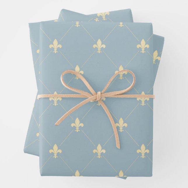 Gold Fleur-de-Lis on Dusky Blue Wrapping Paper Sheets (In situ)