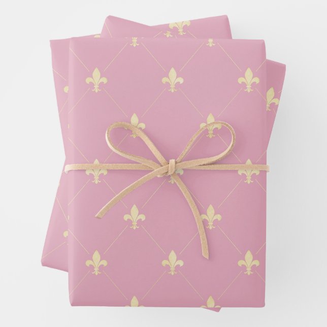 Gold Fleur-de-Lis on Dusky Pink Wrapping Paper Sheets (In situ)
