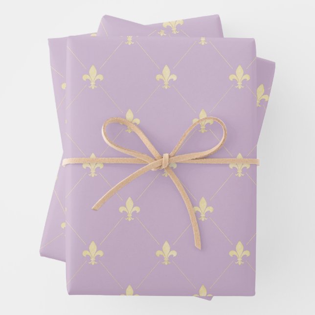 Gold Fleur-de-Lis on Lilac Wrapping Paper Sheets (In situ)