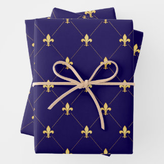 Gold Fleur-de-Lis on Midnight Blue Wrapping Paper Sheets